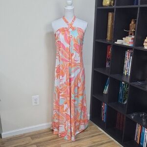 BOSTON PROPER Orange Pink Aqua Floral Halter Maxi Dress